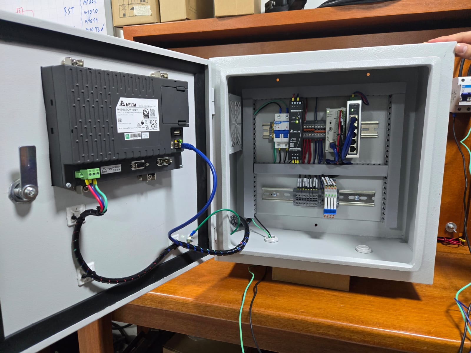 Industrial automation control panel with HMI and PLC